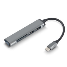 USB sadalītājs un atmiņas karšu lasītājs USB-C uz 1x USB 3.0, 2x USB 2.0, 1x MicroSD, 1x SD alumīnija sakausējums pelēks
