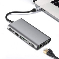 USB-C sadalītājs uz 3 x USB 3.0, VGA, HDMI, audio, LAN, PD, SD un TF portiem