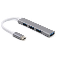USB-C sadalītājs uz 4 x USB 3.0 portiem pelēks ar baltu vadu